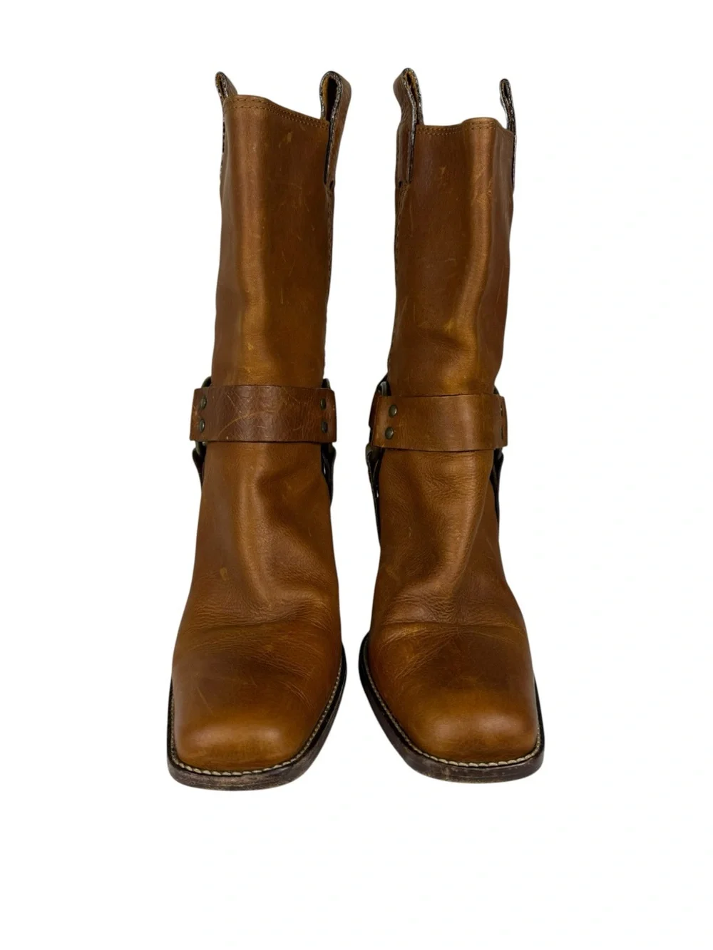 VTG Michael Kors Brown Leather Moto Harness Heeled Boots 9.5 Made in Italy
